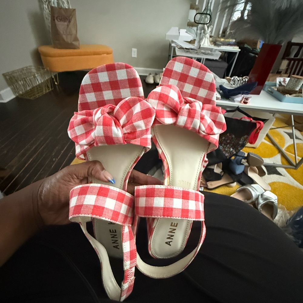 Anne Klein Red and White Checkered Sandals - Picture 12 of 15